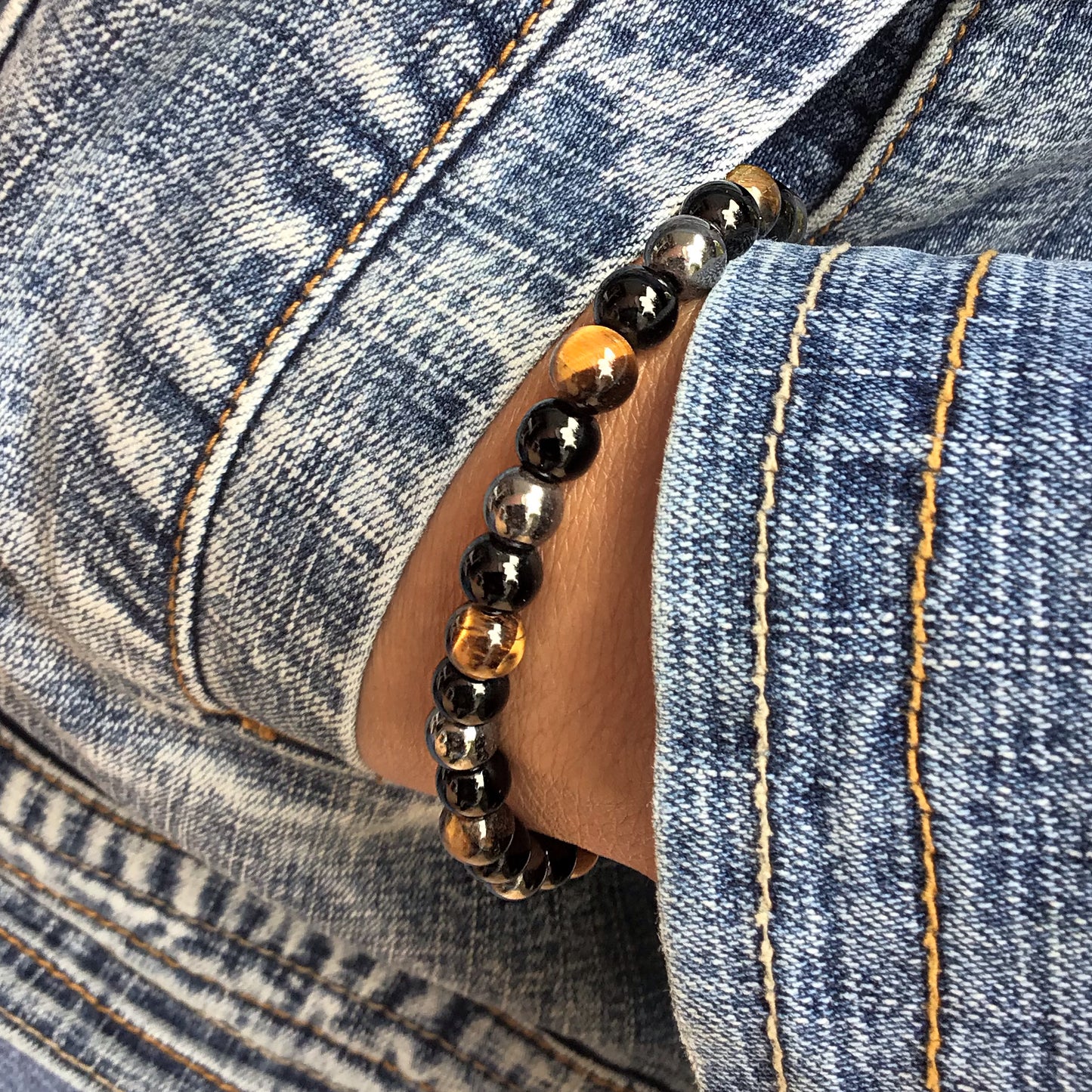 Triple Protección Para Suerte, Fuerza y Equilibrio (pulsera ojo de tigre, hematite y obsidiana negra bolas de 6mm)