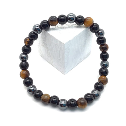 Triple Protección Para Suerte, Fuerza y Equilibrio (pulsera ojo de tigre, hematite y obsidiana negra bolas de 6mm)