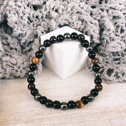 Triple Protección Para Suerte, Fuerza y Equilibrio (pulsera ojo de tigre, hematite y obsidiana negra bolas de 6mm)